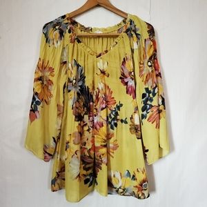M Lime Floral Spense Peasant Sleeve Boho Blouse